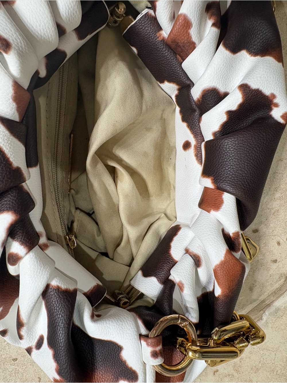 Cow Print Mini Shoulder Bag with Gold Chain Strap - Brown & White - Picture 7 of 10